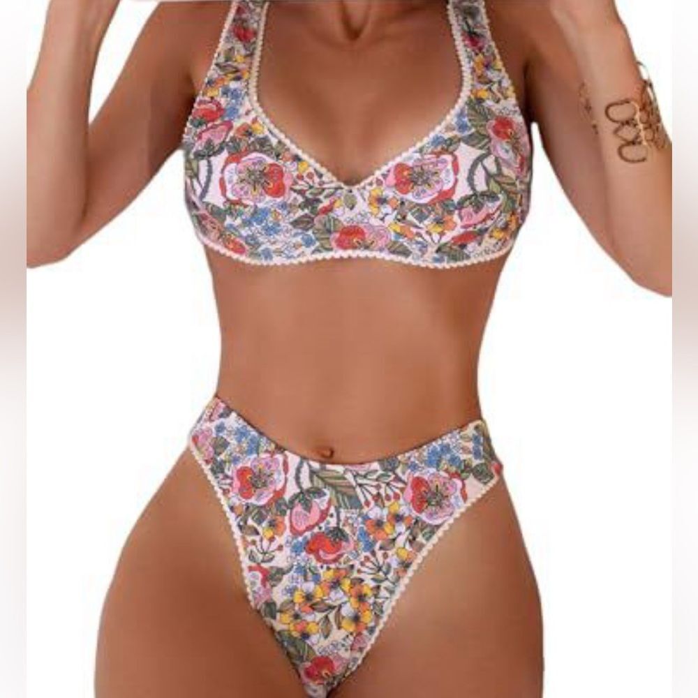 Falainetee Women's Floral Printed High Waisted Knot  Bikini Set White S NWOT - Picture 2 of 6